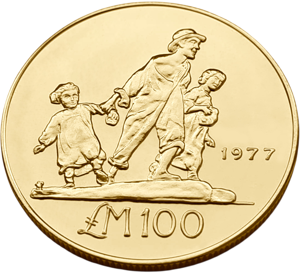 картинка Мальта. 100 Лир 1977 г. Золото. 31.96 г*0.917 0.9423 oz. от магазина Одежда+