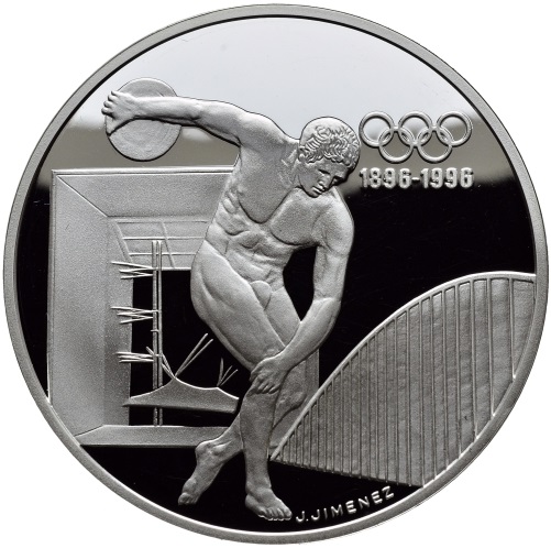 картинка 100 франков. 1994 г. 100 лет Олимпийскому движению (1896-1996). Дискобол. Ag 31.1 г. от магазина Одежда+