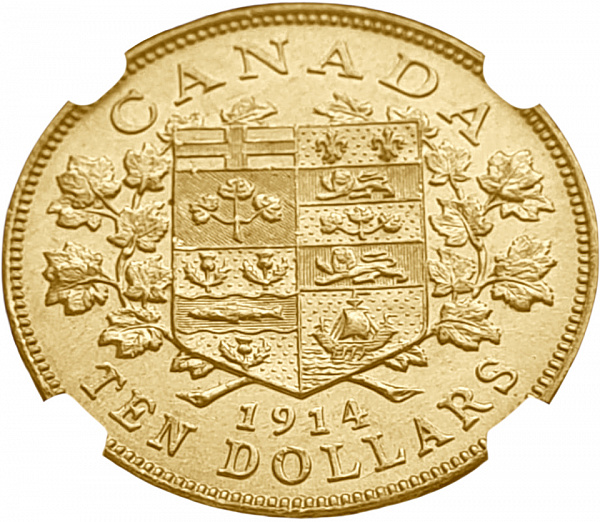 картинка Канада. 10 Долларов 1913 г. Золото. 16.72 г*0.900 0.4838 oz. СЛАБ NGC MS63! от магазина Одежда+ 2